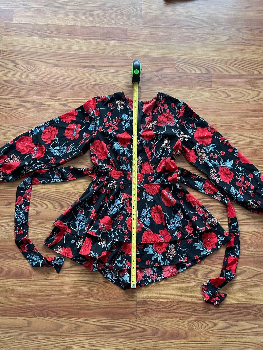 Black Floral Long Sleeve V-Neck Romper with Tie Waist - Picture 6 of 10